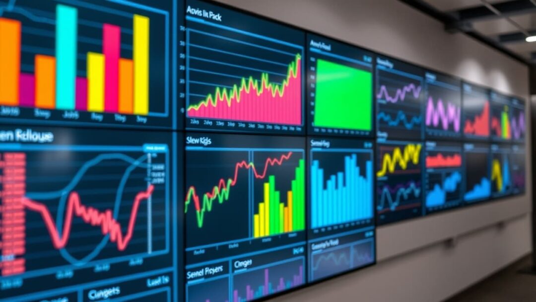 A large screen displays colorful graphs and charts.