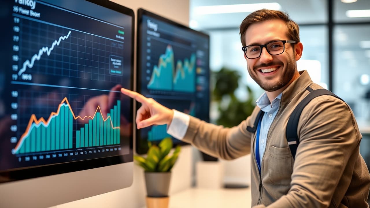 A smiling employee points at a screen showing positive growth trends.